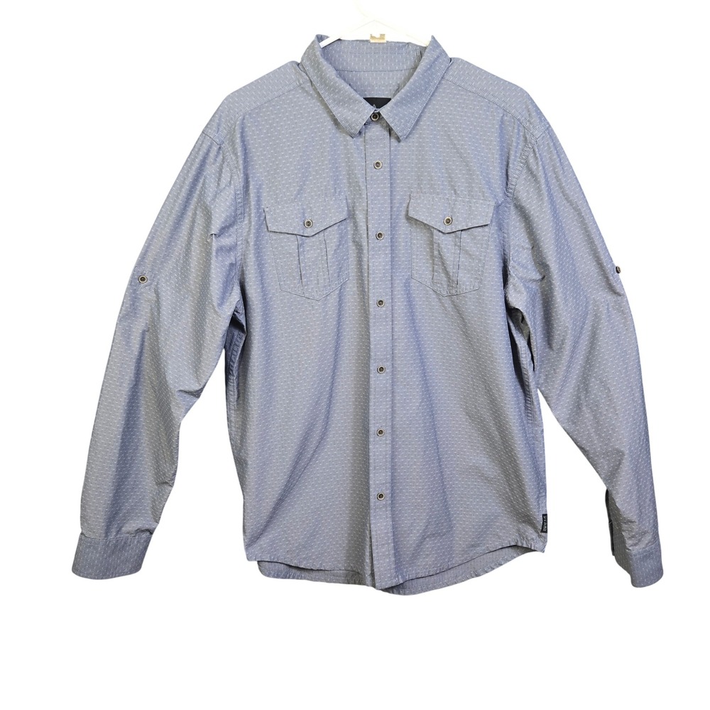 Prana Button Down Shirt Mens Large Blue Geometric Roll Tab Sleeve Outdoor
